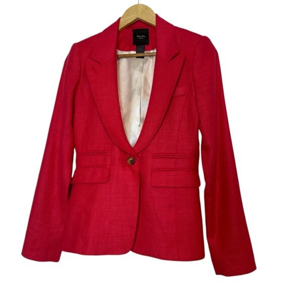 Smythe Blazer 100 Linen Red Coral Peak Collar Size 4 Designer EUC - Picture 9 of 10